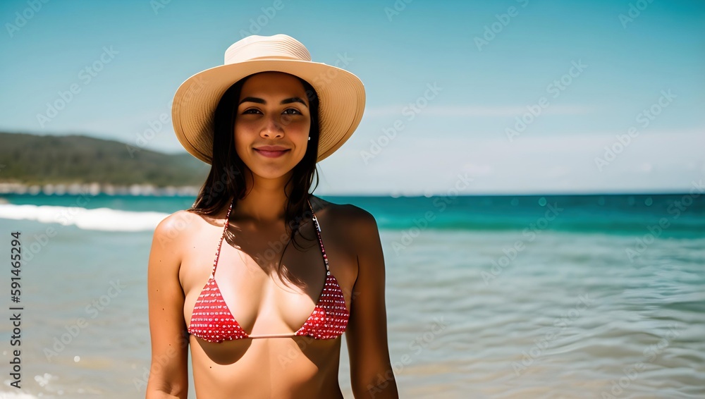 Red Bikini Beauty: Woman Soaking Up Sun in Tropical Island Paradise AI-Generated
