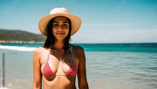 Red Bikini Beauty: Woman Soaking Up Sun in Tropical Island Paradise AI-Generated