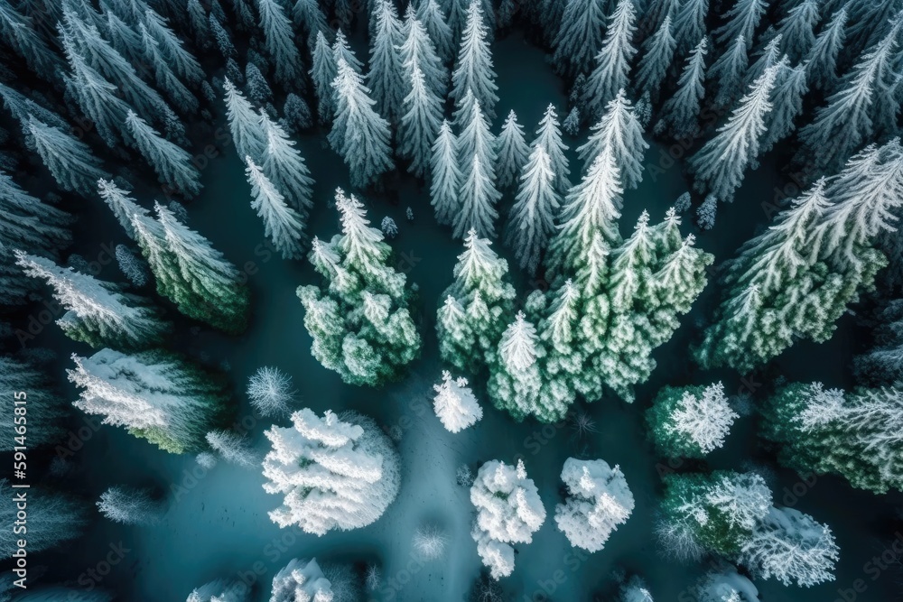aerial view of snow-covered trees in a winter forest. Generative AI