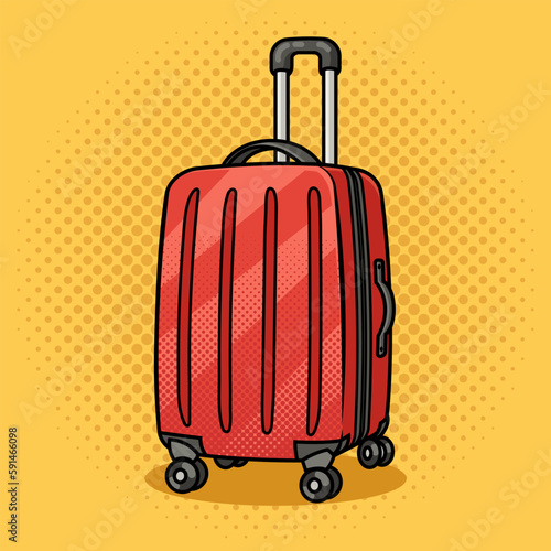 Wheeled travel luggage suitcase with wheels baggage pinup pop art retro vector illustration. Comic book style imitation.