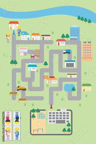 交通安全や交通ルールを学ぶ迷路のイラスト