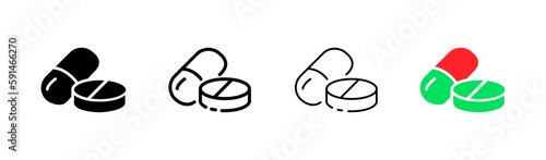 Medical tablets. Different styles, colored, medicines in tablets. Vector icons