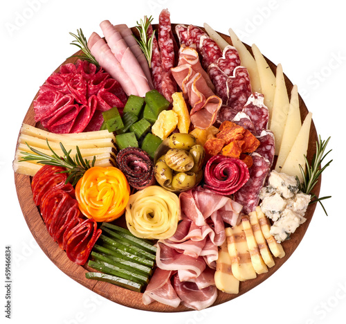 Appetizers boards with assorted cheese, salami, ham, grape and nuts. Charcuterie and cheese platter. Top view. Isolated.