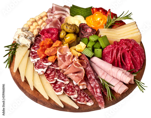 Appetizers boards with assorted cheese, salami, ham, grape and nuts. Charcuterie and cheese platter. Top view. Isolated.
