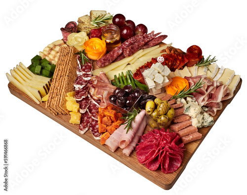 Appetizers boards with assorted cheese, salami, ham, grape and nuts. Charcuterie and cheese platter. Top view. Isolated.