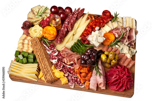 Appetizers boards with assorted cheese, salami, ham, grape and nuts. Charcuterie and cheese platter. Top view. Isolated.