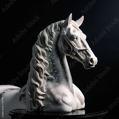 A white horse statue with a silver mane and blue beads Generative AI photo