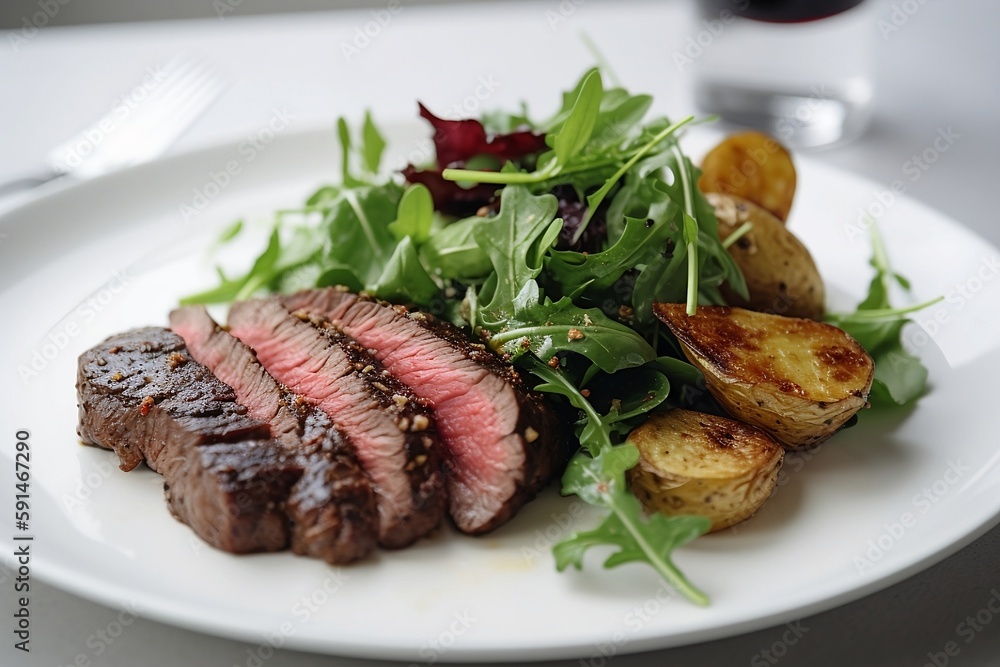 medium-rare steak with a side of golden roasted potatoes and a vibrant green salad medium-rare steak with a side of golden roasted potatoes and a vibrant green salad