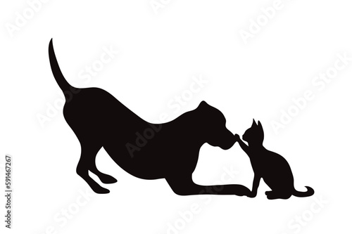 Vector silhouette of couple of dog and cat on white backgroud.