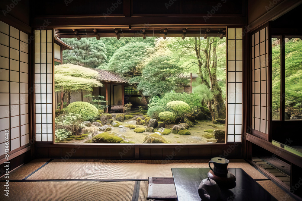 View from a traditional Japanese room with tatamis in a typical