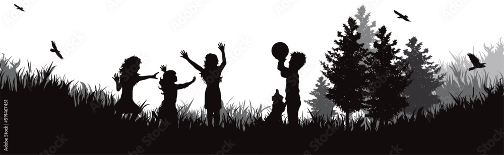 Vector silhouette of happy children with their dog in nature. Vector silhouette of happy children with their dog in nature.