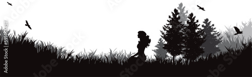 Vector silhouette of relaxing woman in nature.