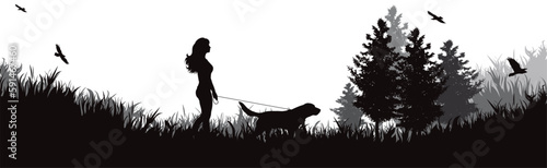 Vector silhouette of happy woman walking with her dog in nature.