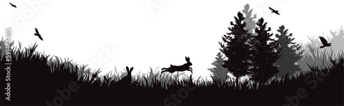 Vector silhouette of jumping hare in a forest.