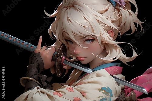 with black background, young girl samurai with saber and sword, in the style of realistic and hyper-detailed renderings, japanese anime style. generative AI