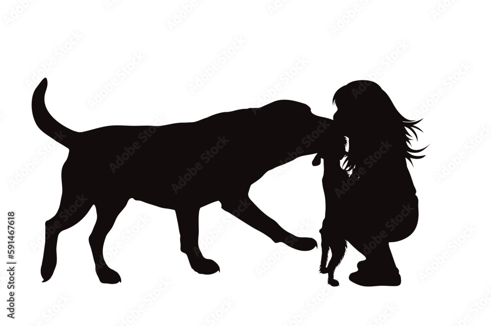 Vector silhouette of child with his group of happy dogs on white background.