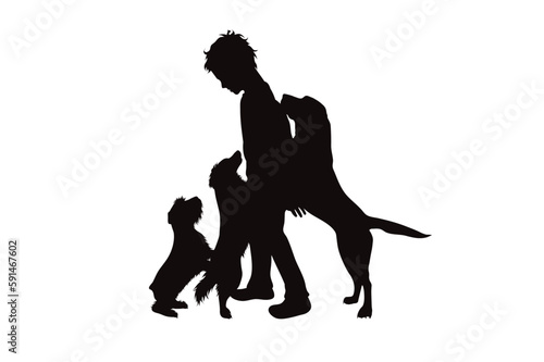 Vector silhouette of child with his group of happy dogs on white background.