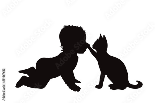 Vector silhouette of child playing with his cat on white background.