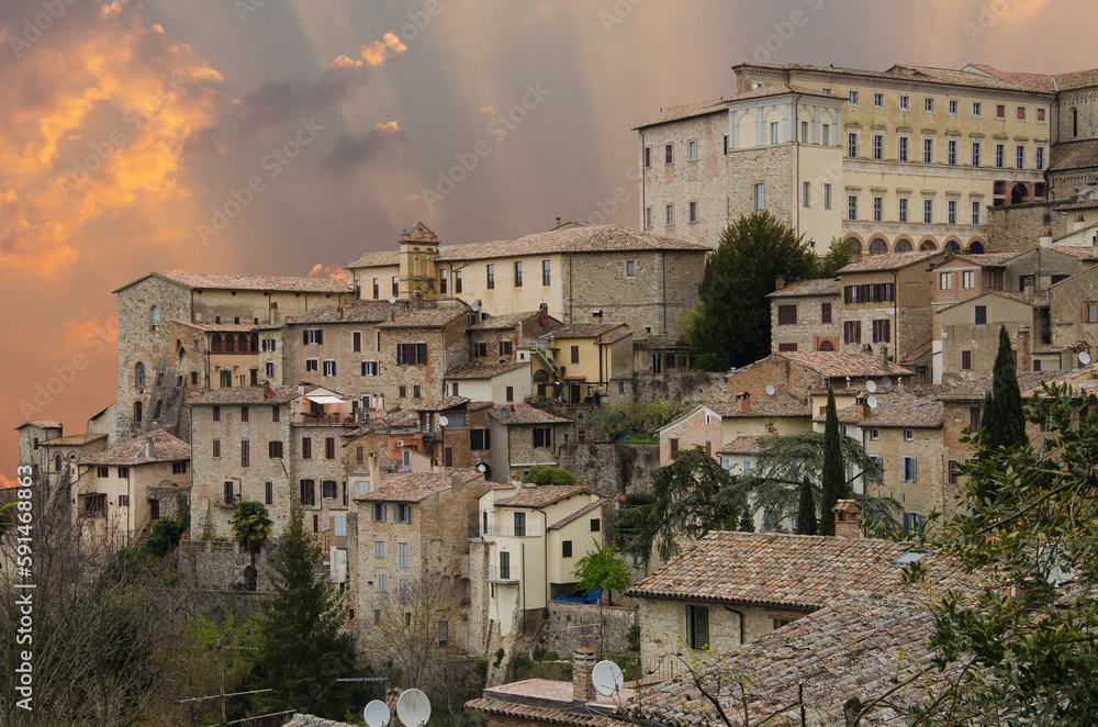 View of the historic center of Todi town in Umbria at sunset Italy