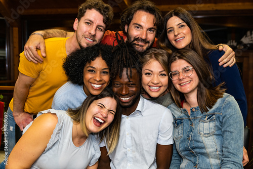Diverse best friends taking selfie in face having fun together     multiracial young people smiling face taking photo     multicultural students live in Erasmus     millennials portrait having fun