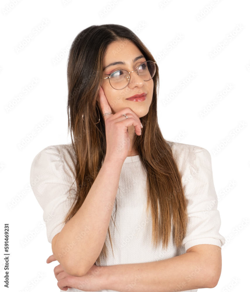 Transparent png portrait of caucasian beautiful thinking girl. Isolated background. Looking copy space. Brunette young 20s girl touching her face. Wearing glasses. Smart businesswoman concept. Transparent png portrait of caucasian beautiful thinking girl. Isolated background. Looking copy space. Brunette young 20s girl touching her face. Wearing glasses. Smart businesswoman concept.