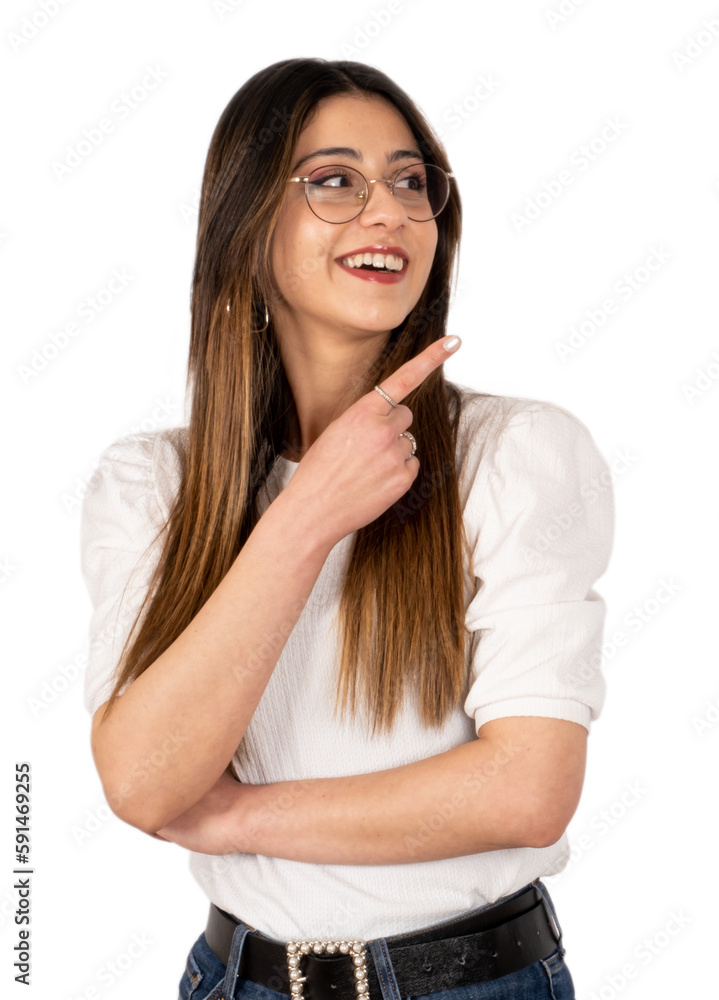 Portrait of excited girl pointing copy space. Isolated white background,  transparent png. Brunette caucasian young woman smiling and showing with  her finger. Advertising concept idea. Stock Illustration