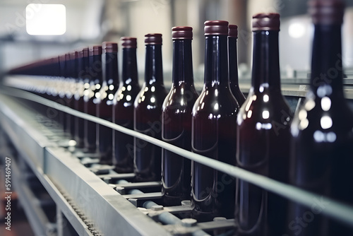 Wine bottle in winery ,product at conveyor belt. Generative AI