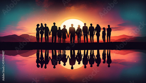 Group of friends and family sharing a sunset moment together. Generative Ai. photo
