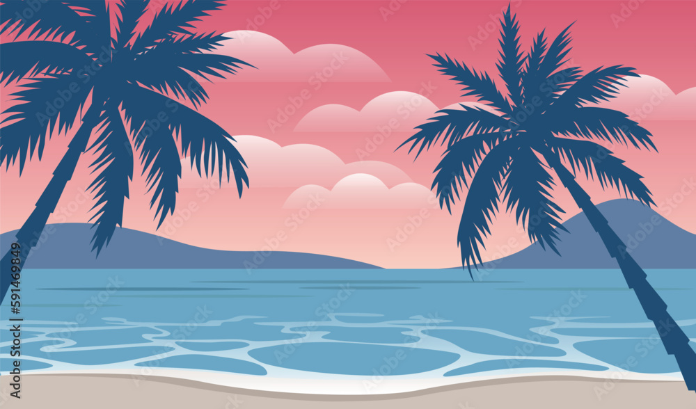 Sea panorama. Tropical beach with palms. Vector background