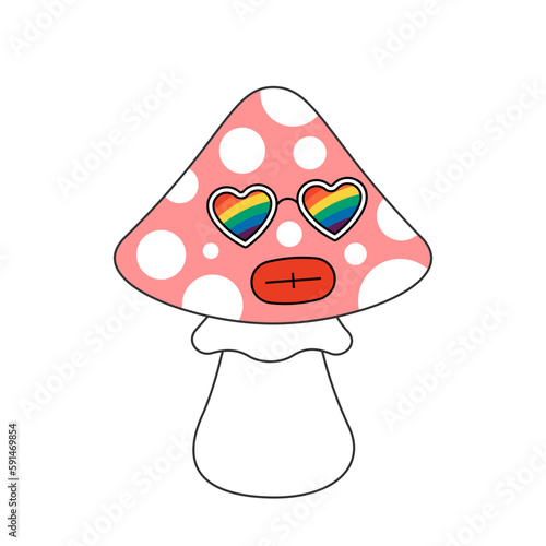 Retro groovy trippy mushroom character with rainbow sunglasses. Hippie psychedelic fly agaric. Hippy funky fungus. Vintage cartoon hallucinogenic nostalgic amanita. Trendy y2k pop culture. Vector eps