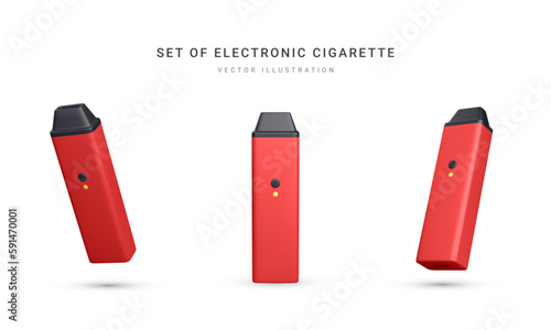 Set of 3d realistic disposable electronic cigarette isolated on white background. Modern smoking, vaping and nicotine with different flavors. Vector illustration