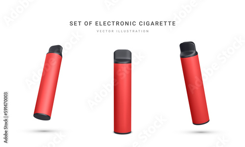 Set of 3d realistic disposable electronic cigarette isolated on white background. Modern smoking, vaping and nicotine with different flavors. Vector illustration