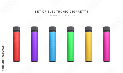 Set of 3d realistic disposable electronic cigarette isolated on white background. Modern smoking, vaping and nicotine with different flavors. Vector illustration