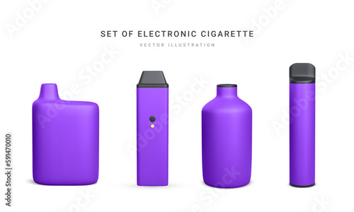 Set of 3d realistic disposable electronic cigarette isolated on white background. Modern smoking, vaping and nicotine with different flavors. Vector illustration