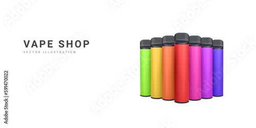 3d realistic promotion banner with disposable electronic cigarettes isolated on light background. Modern smoking, vaping and nicotine with different flavors. Vector illustration