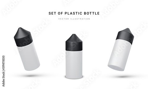 Set of 3d realistic plastic bottle with nicotine liquid for electronic cigarette isolated on light background. Vector illustration