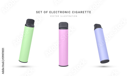 Set of 3d realistic disposable electronic cigarette isolated on white background. Modern smoking, vaping and nicotine with different flavors. Vector illustration