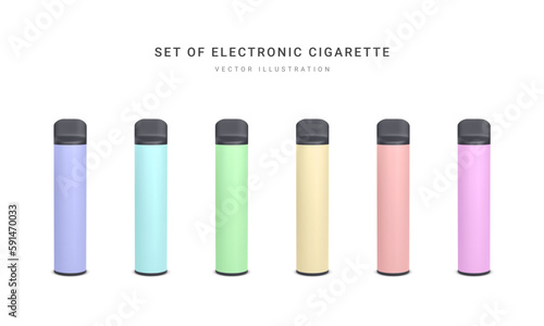 Set of 3d realistic disposable electronic cigarette isolated on white background. Modern smoking, vaping and nicotine with different flavors. Vector illustration