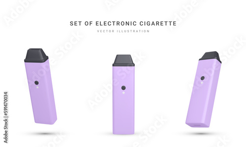 Set of 3d realistic disposable electronic cigarette isolated on white background. Modern smoking, vaping and nicotine with different flavors. Vector illustration