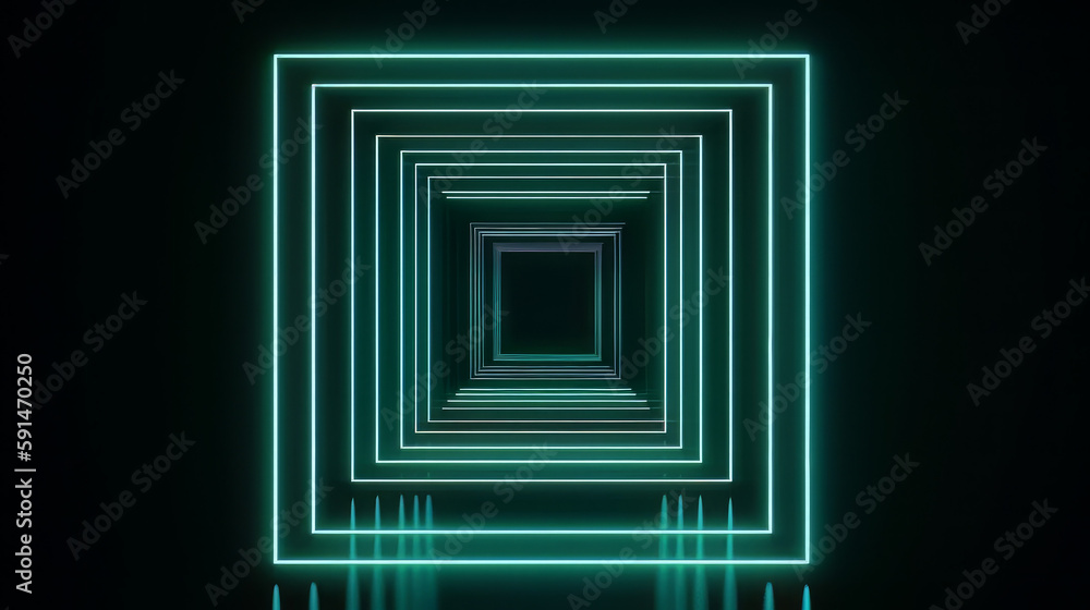 3d render, abstract geometric neon background with glowing square frame. Laser linear shape inside the dark tunnel 3d render, abstract geometric neon background with glowing square frame. Laser linear shape inside the dark tunnel