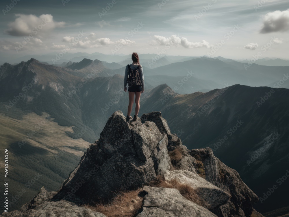 Fototapeta premium A woman standing tall and confident on top of a mountain peak