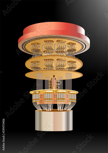 Quantum computer illustration. Q-bit processor. Probabilistic or nondeterministic computers. Gold color vector drawing.