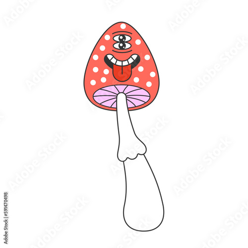 Retro groovy trippy mushroom with crazy face. Hippie psychedelic weird fly agaric. Hippy funky fungus. Vintage cartoon hallucinogenic nostalgic amanita. Trendy y2k pop culture design. Isolated vector