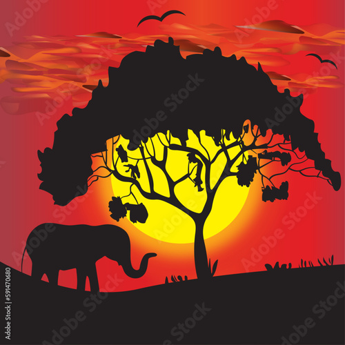 savanna landscape with silhouette of elephant