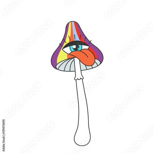 Retro groovy trippy mushroom with crazy tongue sticking out of eye. Hippie psychedelic weird fly agaric. Hippy funky fungus. Vintage hallucinogenic nostalgic amanita. Trendy y2k pop culture. Vector