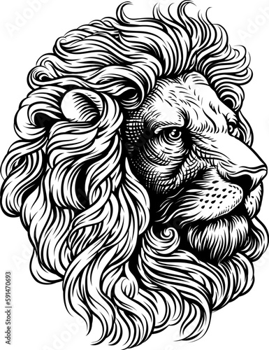 A lion lions Head looking regal or majestic in a retro vintage woodcut engraving style
