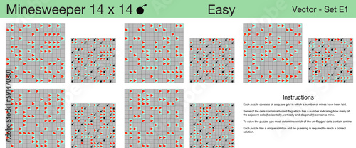 Fototapeta Naklejka Na Ścianę i Meble -  5 Easy Minesweeper 14 x 14 Puzzles. A set of scalable puzzles for kids and adults and ready for web use, or to be compiled into a standard or large print activity book.