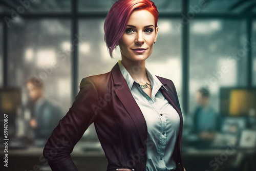 Confident modern beautiful European business woman with dyed colorful hair posing and smiling, office background, AI Generated