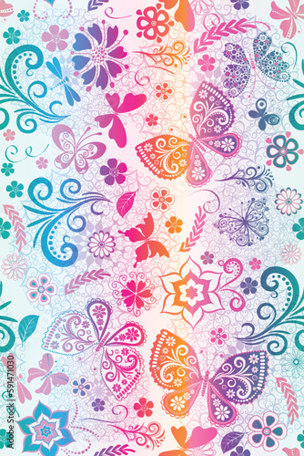 Vector seamless spring gradient white pattern with openwork butterflies and flowers