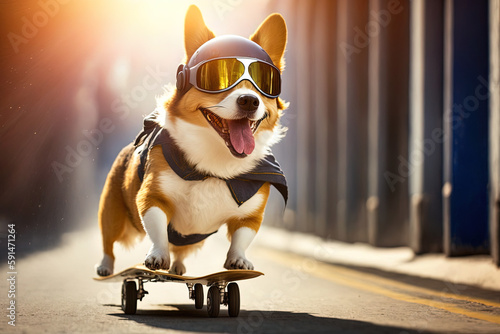 Hund mit Sonnenbrille und Helm auf einem Skateboard (Generative Ai)
